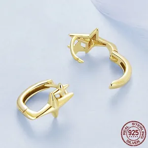 Polished S925 sterling silver gold-plated star earrings with open hoop mechanism