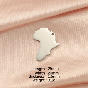 Polished stainless steel Africa map pendant on pink satin with product dimensions