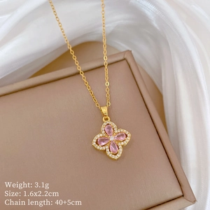 Detailed view of pink zircon floral necklace with pendant size 1.6x2.2cm and 40cm chain