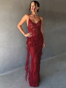 Lace Halter Maxi Dress For Women Backless V-Neck Irregular Ruffle Hem Sexy Sleeveless Evening Party Clubwear