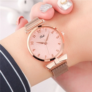 Women's rose gold watch with magnetic Milanese band and pink floral texture dial