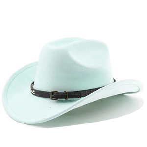 Detail of mint green suede cowboy hat featuring a black leather belt with woven stitching