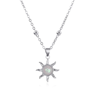 Minimalist silver opal sun pendant necklace with beaded chain on a clean white background