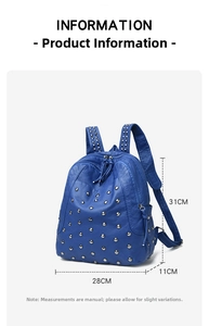 Blue studded faux leather backpack with size specifications 31x28x11cm and silver rivets