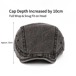 Deep dark grey washed canvas newsboy cap with 10cm depth and metal eyelet details