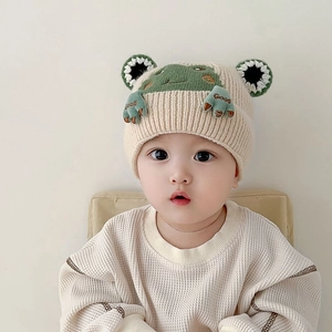 Cozy baby knit hat with green frog ears and 'Good' embroidery for autumn winter