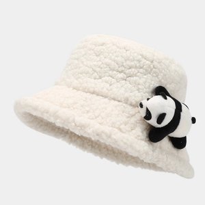 Cute white panda faux shearling bucket hat with 3D animal plush for winter warmth