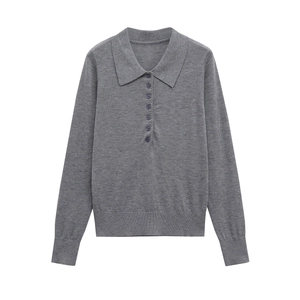 Deep grey long sleeve knit polo sweater with buttoned collar and ribbed cuffs