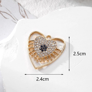 Golden heart charm with white and blue rhinestones for DIY jewelry making, 2.5cm size