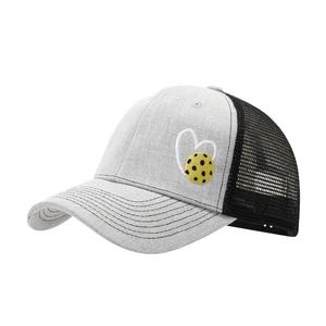 Breathable mesh baseball cap in grey and black featuring heart pickleball embroidery