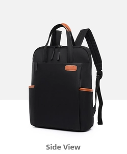 Detailed side view of black nylon business backpack with brown leather trim and zips