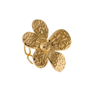 Minimalist gold flower ring with hammered texture and adjustable open band for women