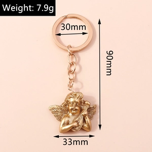 Detailed size map of golden angel keychain showing 90mm length and 7.9g weight details