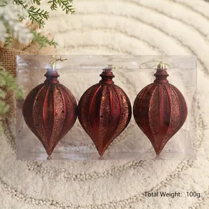 Set di 3 decorazioni natalizie bordeaux glitterate da 8cm in confezione regalo trasparente