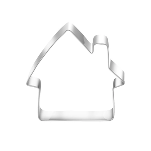 Detailed view of the stainless steel house-shaped cookie cutter with smooth metallic edges