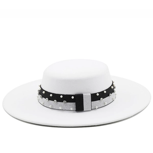 Chapeau Boater Élégant À Bord Large Avec Bande De Künstliche Perles Et Strass Fedora En Feutre Pour Femme Mariage Fête Voyage