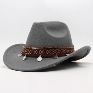 Detail of dark grey wool felt cowboy hat with ethnic embroidery and silver coin charms