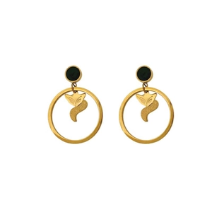 Elegant gold fox pendant drop earrings with matte finish and black studs on white background
