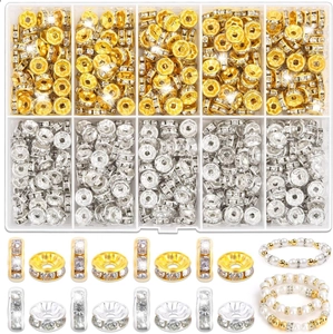 Detailed set of gold and silver rondelle spacer beads with crystals in a plastic storage box