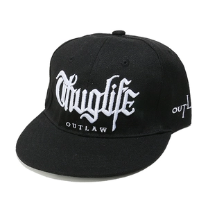 Close-up of Thug Life 3D embroidery on black flat brim cotton hip-hop baseball cap
