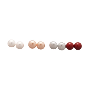 Four pairs of elegant round pearl stud earrings in white, pink, grey, and deep red tones