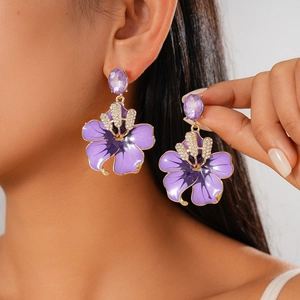 Elegant purple flower drop earrings with oval rhinestones and gold-plated floral petals