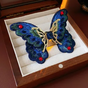 Vintage Butterfly Adjustable Open Ring For Women Embroidery Thread Alloy Blue Gemstone Rhinestone Retro Fairy Style Jewelry
