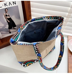 Detailed view of the linen tote bag featuring a spacious interior and secure zip closure