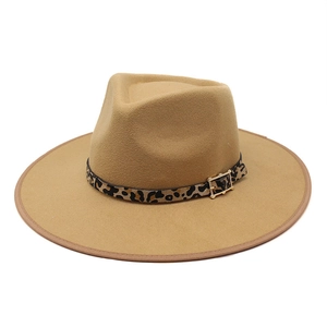 Classic camel wool fedora hat with leopard print band and golden buckle detail