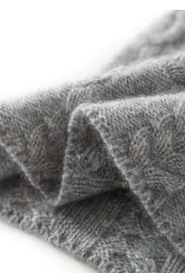 Macro shot of gray knitted cashmere fabric showing detailed cable stitch texture and softness