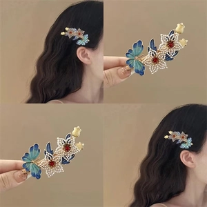 Traditional Chinese blue butterfly hair clip with gold flower and pearl pendants