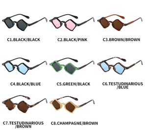 Detailed grid showing eight assorted color options for geometric triangle sunglasses