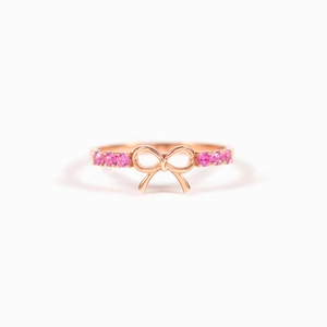 Elegant rose gold S925 sterling silver bow ring with pink cubic zirconia stones