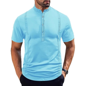 Men's light blue short sleeve henley polo shirt with vertical texture and stand collar