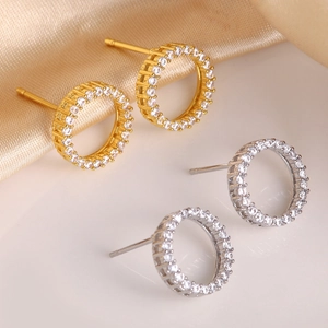 Geometric Round Stud Earrings Copper With Pave Zircon Hollow Circle Elegant Fashion Jewelry For Women