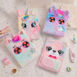 Rainbow plush unicorn and bear notebooks with locks, cute A5 stationery for girls