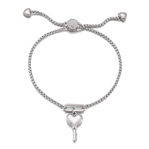 Minimalist silver titanium steel chain bracelet with heart-key charm and pavé slider buckle