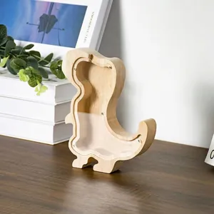 Dinosaur shaped wooden piggy bank for kids with clear acrylic cover for saving money