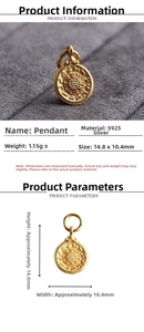 Detail view of S925 sterling silver gold plated round pendant with embossed patterns