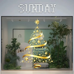 Golden Christmas tree wall sticker with snowflakes and Merry Christmas lettering for windows