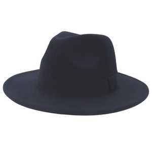 Detailed view of a classic navy blue wool felt fedora jazz hat with a stylish ribbon band