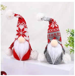Close-up of knit snowflake hats and plush beards on decorative Christmas gnome dolls