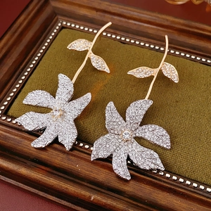 Exaggerated Flower Drop Earrings Alloy Rhinestone Floral Dangle Jewelry With Silver Earring Post For Women