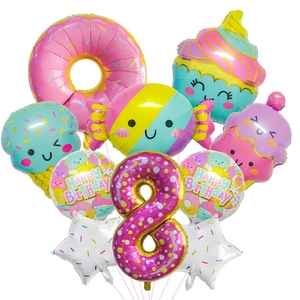 Detail of macaron ice cream and donut balloons set for 8th birthday party decoration
