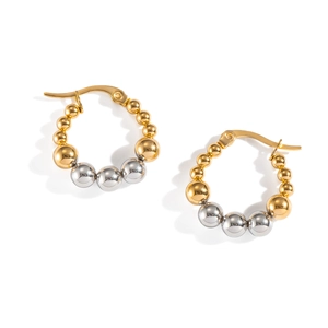 Minimalist beaded hoop earrings with mixed gold and silver metallic spheres on white background