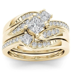 18k gold plated engagement ring set with princess cut diamonds and micro pave zirconias