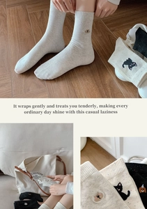 Detailed embroidery of cute cats and bears on premium cotton crew socks for women