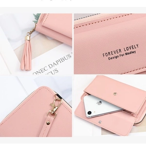 Pink lychee texture crossbody phone bag with tassel zipper and metal snap closure
