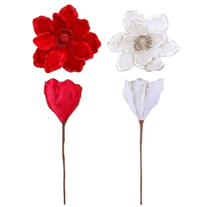 Red and white artificial Christmas magnolia flowers with glitter edges and long stems