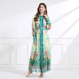 Damen Elegantes Chiffon Maxikleid Mit Blumendruck Französisches Vintage Langarm Hemdkragen Langes Kleid Mit Gürtel
